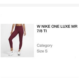 Women’s Nike One Luxe tight leggings, New, Burgundy color, 7/8 length